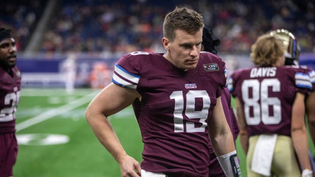 Michigan Panthers' Brian Lewerke (19) walks on the sideline during a game against the Birmingham Stallions at Ford Field in Detroit on Saturday, May 20, 2023.  